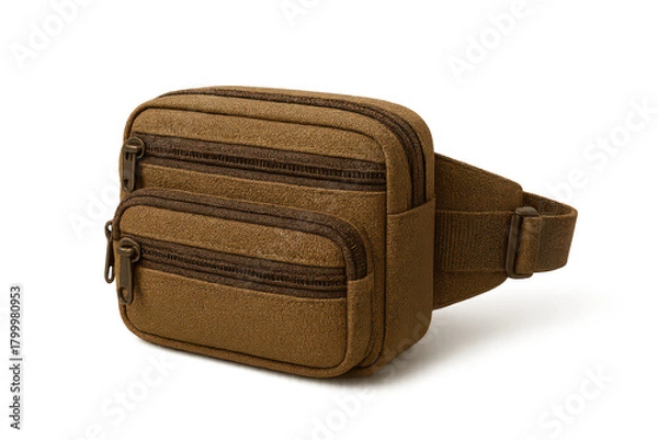 Fototapeta Brown fanny pack isolated on a transparent background, practical travel accessory.