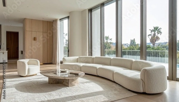 Fototapeta Warm Beige and Gold Luxury Living Room With Boucle Sofa