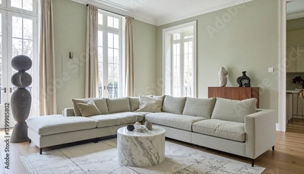 Fototapeta Sage and Ivory Living Room With Linen Sofa and Marble Table