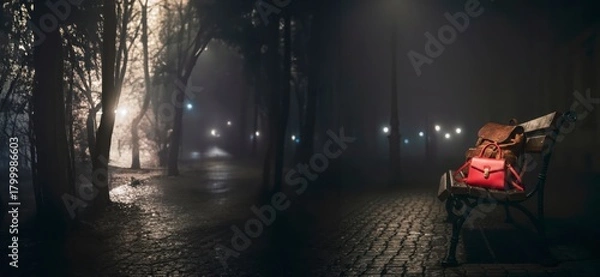 Fototapeta A woman's handbag and a leather backpack lie on a bench. Image with free space for text.