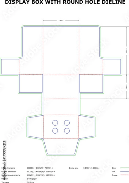 Fototapeta “Display Box with Round Hole Dieline – Printable Packaging Die Cut Template with Trim and Crease Lines”