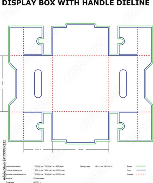 Fototapeta Display box with handle dieline, flat packaging carton template