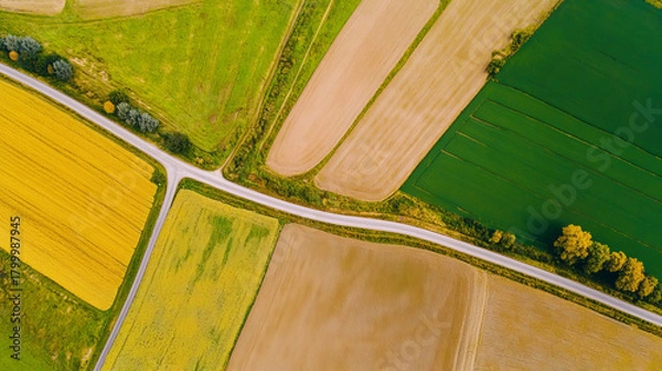Obraz Colorful farmland fields with winding roads shown from above in a bright daytime scene
