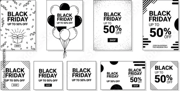 Fototapeta Collection of diverse Black Friday sale promotion banners and templates, featuring modern geometric and minimalist designs for huge discounts and shopping event advertising