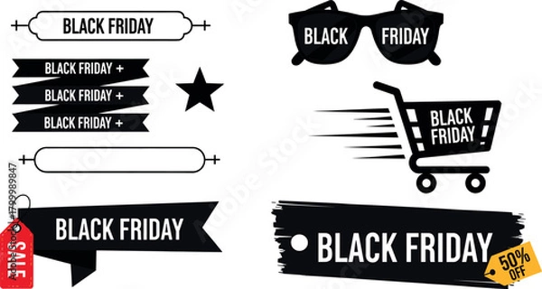 Fototapeta Dynamic vector set of sale promotional graphics, perfect for advertising special annual shopping events, including stylish banners, discount tags, and shopping icons