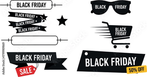 Fototapeta A collection of modern vector design elements for a major shopping holiday, including promotional banners, discount tags, and shopping icons