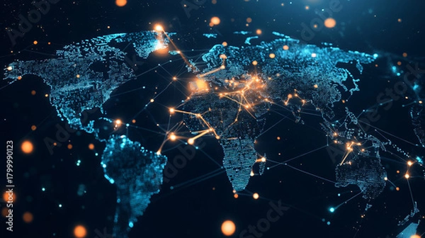 Obraz Digital world map showing global connections with bright nodes illuminating various regions in a modern style at night