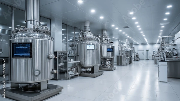 Fototapeta Clean futuristic pharmaceutical manufacturing lab, stainless steel reactors, soft white lighting, sterile industrial environment, precision instruments.
