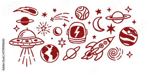 Fototapeta Hand drawn space theme vector illustration set with UFOs, rockets, planets, stars, comets, and astronauts in a doodle art style.