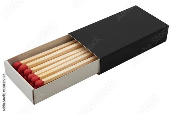 Fototapeta Open matchbox with red matches isolated on transparent background, close up shot