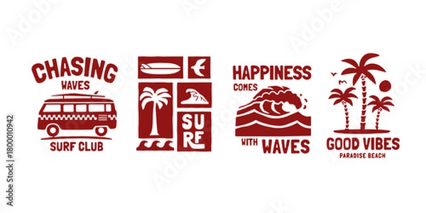 Fototapeta Vector graphic set with a tropical surf theme graphics. Perfect for t-shirt print, posters, and other surfing related designs.
