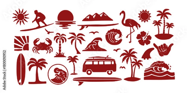 Fototapeta A tropical beach and surf-themed vector set with palm trees, waves, surfboards, a van, flamingos, and ocean elements in a bold black silhouette style. Perfect for t-shirt designs, and branding.