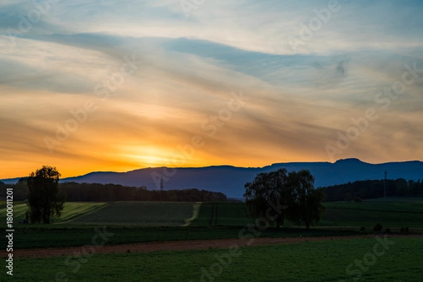 Fototapeta Golden Sunset Over Rolling Farmland with Silhouetted Trees and Distant Hills