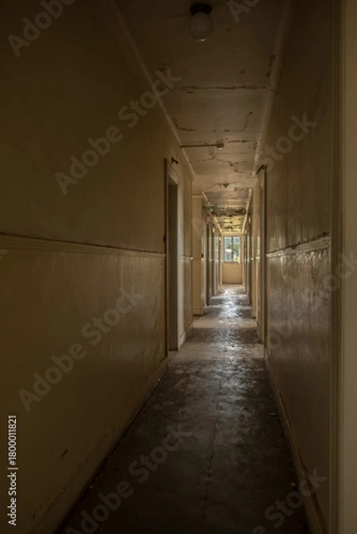 Fototapeta Derelict Clinic Corridor with Peeling Paint and Window Light