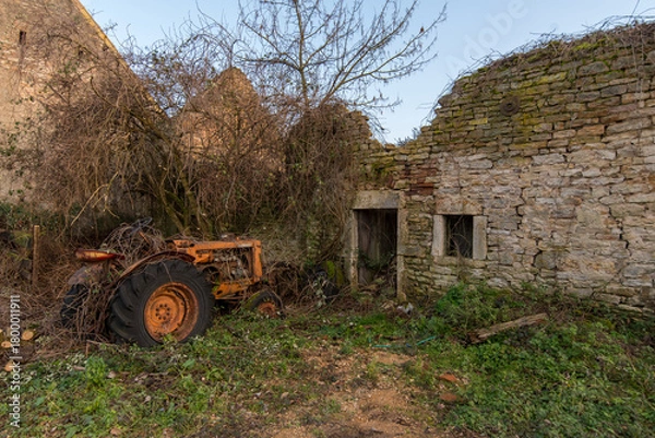 Fototapeta Rusty vintage tractor abandoned beside a moss-covered stone farmhouse in an overgrown rural ruin