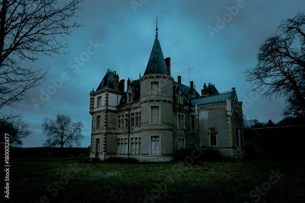 Fototapeta Abandoned Chateau Mansion at Dusk - Moody Gothic Manor in Twilight