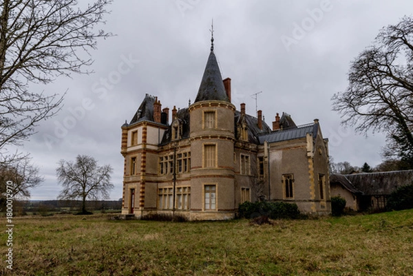 Fototapeta Abandoned French Chateau with Turret and Slate Roof in Moody Overcast Countryside