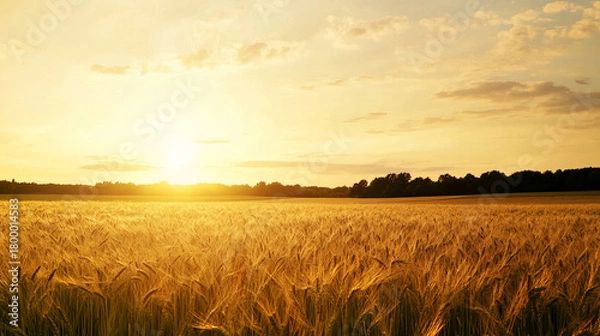 Obraz Golden wheat field at sunset with vibrant sky and lush trees in the background