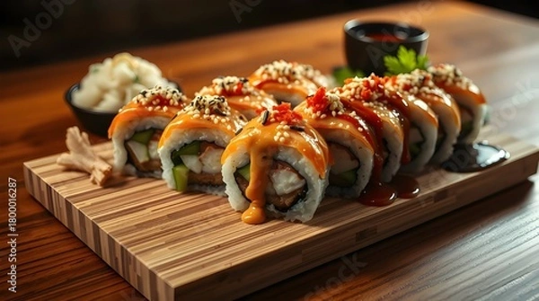 Obraz Fresh Japanese salmon sushi rolls, a gourmet seafood meal or appetizer on a white plate.	
