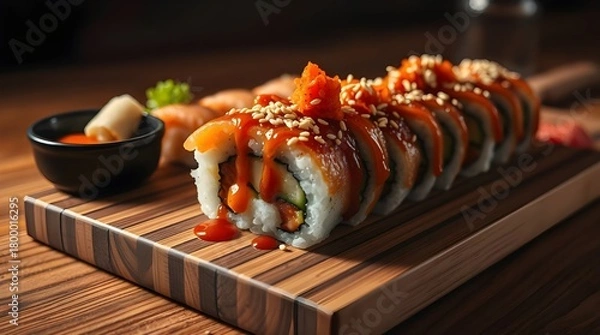Fototapeta Fresh Japanese salmon sushi rolls, a gourmet seafood meal or appetizer on a white plate.	