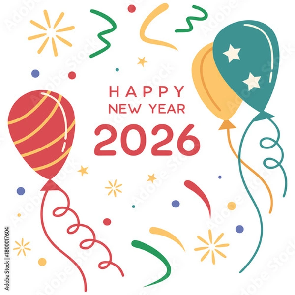 Fototapeta Happy new year 2026 celebration background with festive balloons and confetti
