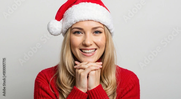 Obraz Happy young woman wearing a Santa hat and red sweater with a joyful expression on light background