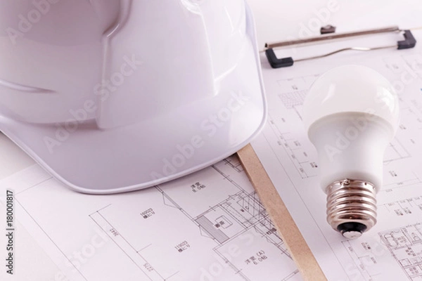 Fototapeta 住宅図面と電球とヘルメット