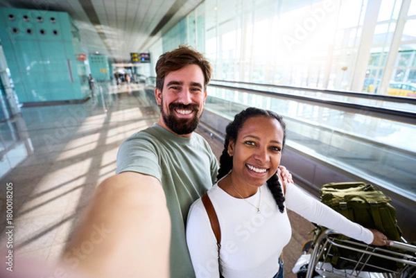 Fototapeta Happy interracial couple taking a selfie at an airport terminal, smiling beside a luggage trolley. Bright glass corridor and walkway suggest boarding, travel excitement and connection.