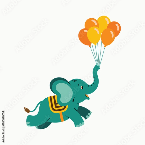 Obraz Cartoon teal elephant with yellow and orange balloons flying across white background.