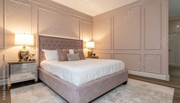 Obraz Dusty Rose and Champagne Bedroom With Boucle Bed Frame