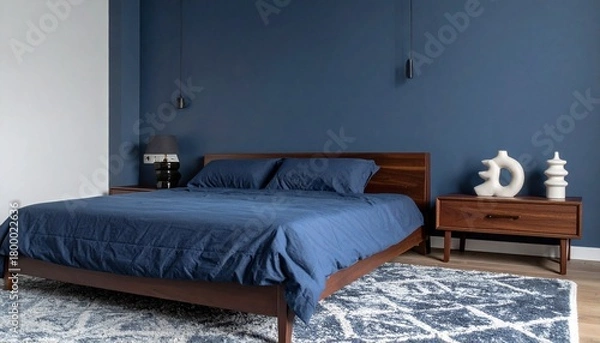 Obraz Deep Navy and Walnut Bedroom With Sculptural Lamps