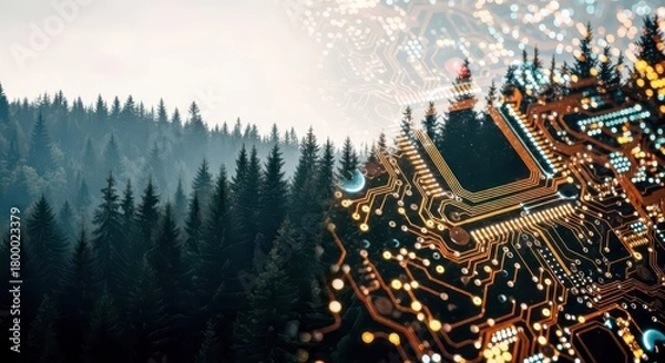 Fototapeta A conceptual image blending a natural forest landscape with a glowing technological circuit board city.