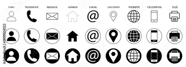 Fototapeta Essential contact icons collection in three versatile styles for web, print, and mobile design