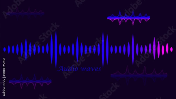 Obraz A vibrant abstraction in the form of an audio wave, rendered in gradient shades of pink and purple against a rich purple background. The image symbolizes music, sound, and rhythm.