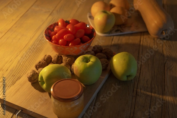 Obraz Close up of vegetables and fruits on wooden table