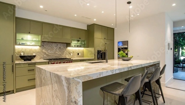Obraz Olive and Travertine Modern Kitchen With Waterfall Island