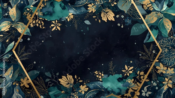 Fototapeta Hexagonal Dark Watercolor Frame with Indigo, Emerald & Gold Pigment, Metallic Veins, Floral Silhouettes, Silver Stains & Peel-Off Effects