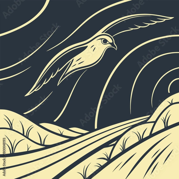 Fototapeta Stylized illustration of a bird of prey soaring over rolling hills and fields under a dark sky with abstract lines vector illustration of an abstract background