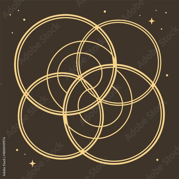 Fototapeta Abstract geometric pattern of overlapping golden circles and stars on a dark brown symbolizing harmony and connection abstract background with golden rings