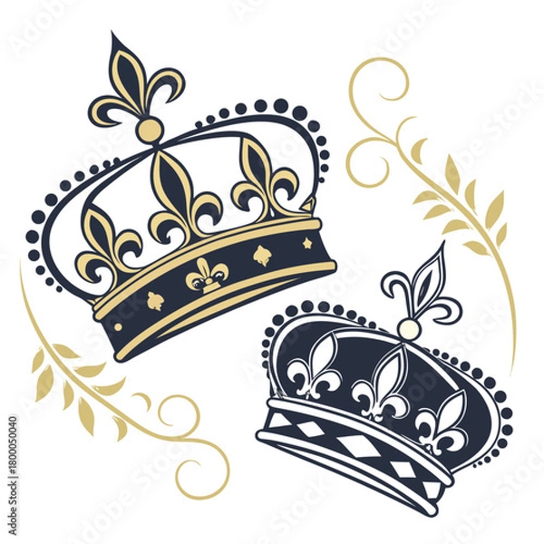 Fototapeta Elegant royal crowns adorned with fleur de lis and decorative golden swirls and branches on a white background symbolizing power and prestige vector illustration of a crown