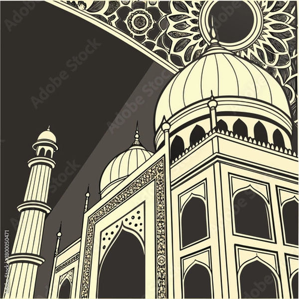 Fototapeta Stylized illustration of the iconic taj mahal mausoleum with intricate floral patterns and minarets against a dark abstract background
