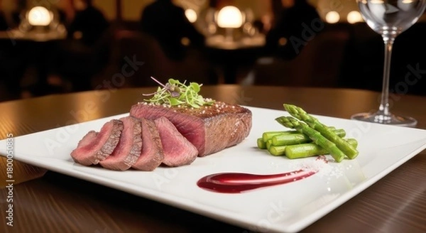 Fototapeta A beautifully plated medium-rare steak with asparagus and a red sauce drizzle in a restaurant setting.