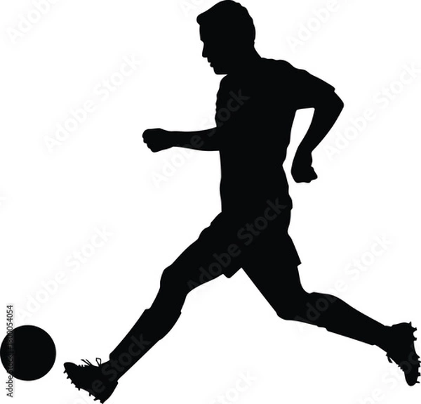 Fototapeta Black vector silhouette of a soccer player running and kicking a football in competitive sports action