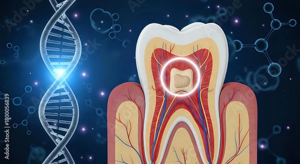 Fototapeta Anatomical tooth cross section with dna helix and molecular structure on a dark blue background
