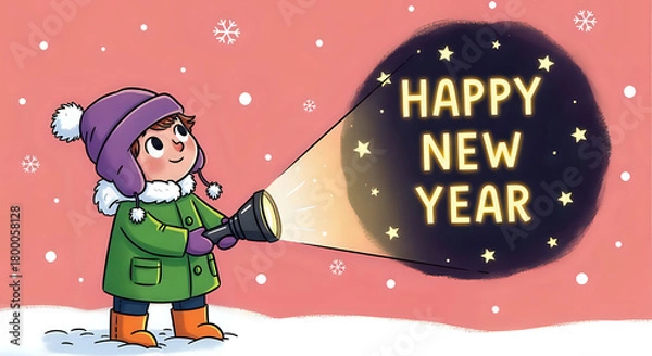 Fototapeta A child with a flashlight illuminating happy new year text in a snowy winter scene illustration