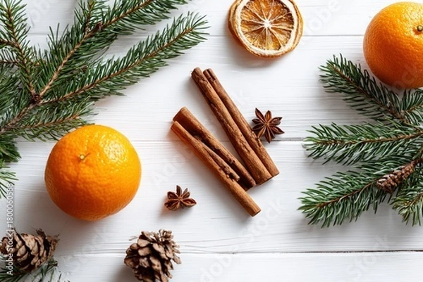 Obraz Cinnamon sticks, oranges and pine branches form a bright festive flat lay on clean white wooden boards