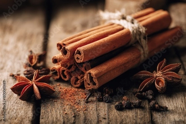 Fototapeta A rustic bundle of cinnamon sticks rests on weathered wood surrounded by star anise and whole spices