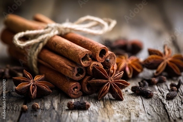 Fototapeta A bundle of cinnamon sticks tied with twine rests on rustic wood surrounded by star anise and whole spices
