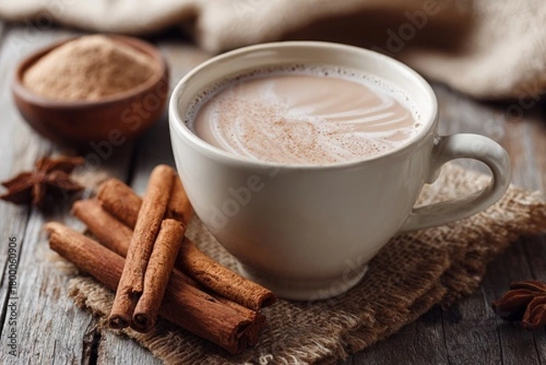 Fototapeta A creamy cup of chai rests on rustic burlap beside several cinnamon sticks and warm spices