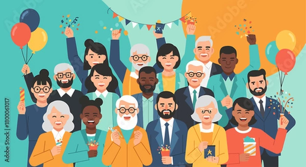 Obraz A joyful flat design illustration featuring a diverse group of people from various backgrounds, laughing and celebrating together. 